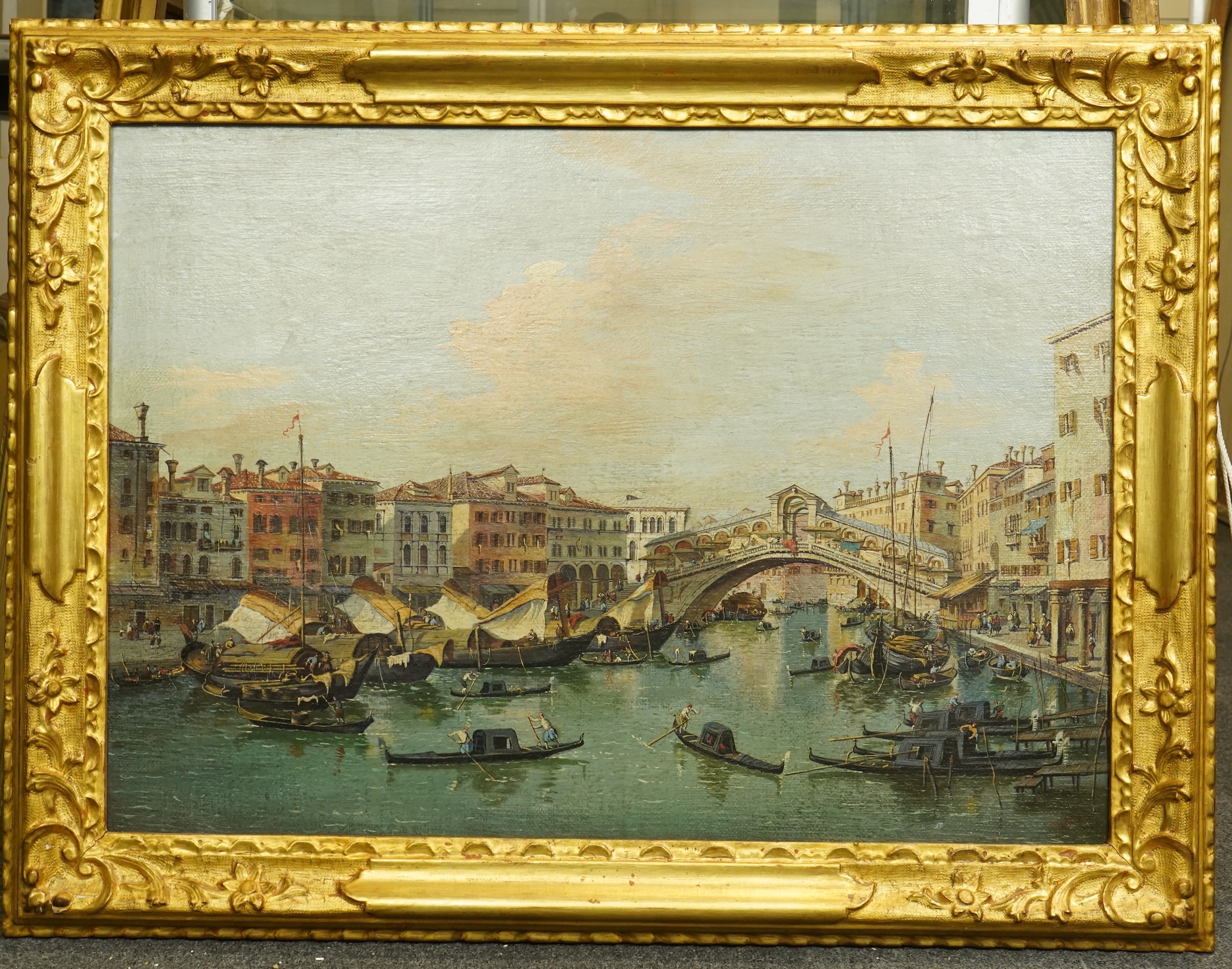 After Francesco Guardi (Italian, 1712-1793), The Rialto Bridge, Venice, oil on canvas, 49 x 69cm